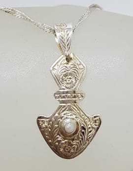 Sterling Silver Ornate Shield Pearl Pendant on Silver Chain