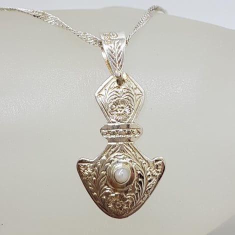 Sterling Silver Ornate Shield Pearl Pendant on Silver Chain