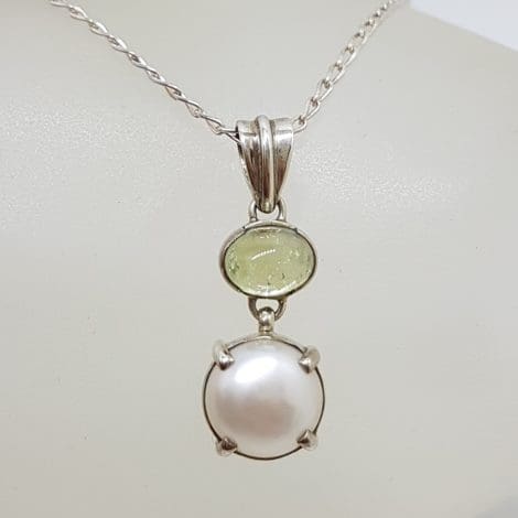 Sterling Silver Green Tourmaline and Pearl Pendant on Silver Chain