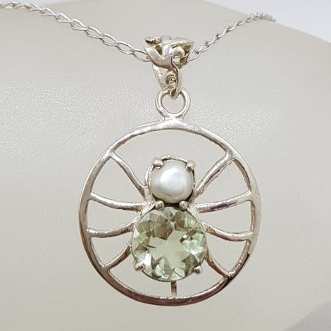 Sterling Silver Green Amethyst / Prasiolite and Pearl Spider Pendant on Silver Chain