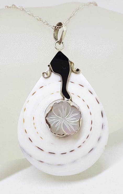 Sterling Silver Ornate Carved Mother of Pearl Flower on Large Shell Pendant on Silver Chain