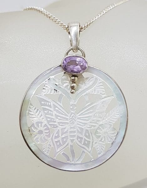 Sterling Silver Round Mother of Pearl Carved Butterfly with Amethyst Pendant on Silver Chain