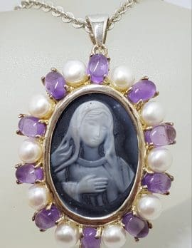 Sterling Silver Cabochon Amethyst with Pearl and Agate Cameo Religious Madonna Pendant on Silver Chain