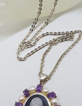 Sterling Silver Cabochon Amethyst with Pearl and Agate Cameo Religious Madonna Pendant on Silver Chain