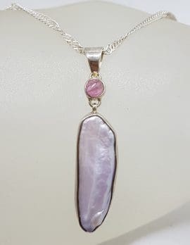 Sterling Silver Blister Pearl with Tourmaline Pendant on Silver Chain
