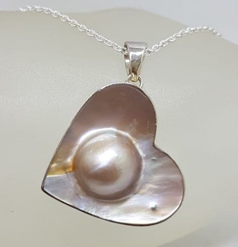 Sterling Silver Large Mabe Pearl Heart Pendant on Silver Chain