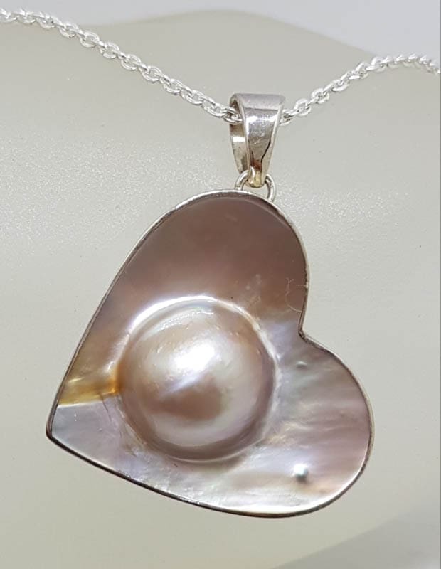 Sterling Silver Large Mabe Pearl Heart Pendant on Silver Chain
