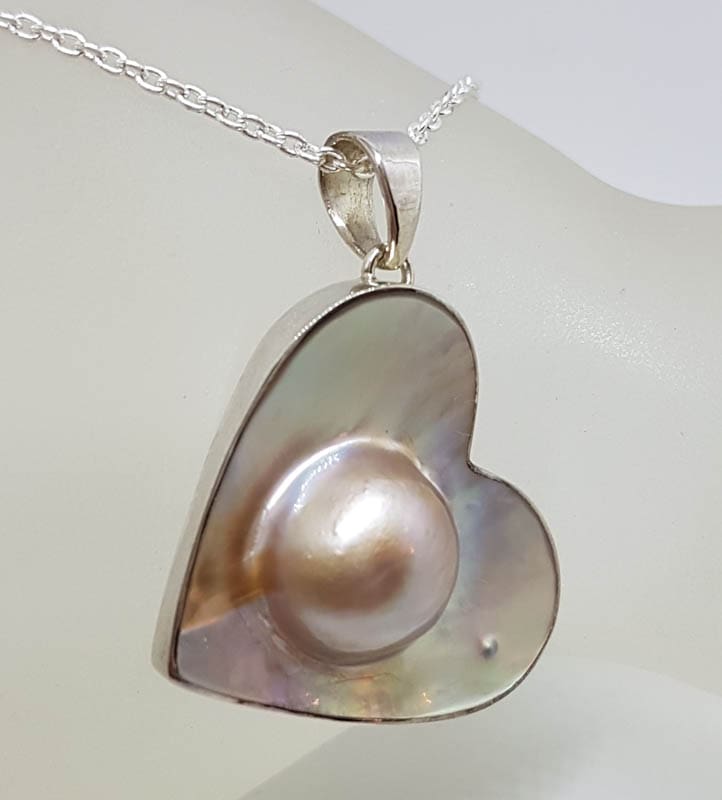 Sterling Silver Large Mabe Pearl Heart Pendant on Silver Chain