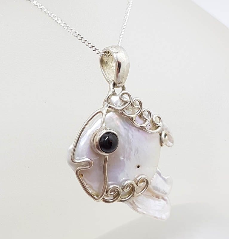Sterling Silver Blister Pearl with Onyx Ornate Fish Pendant on Silver Chain