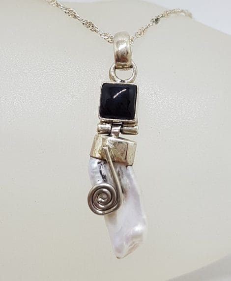 Sterling Silver Blister Pearl with Onyx Ornate Pendant on Silver Chain
