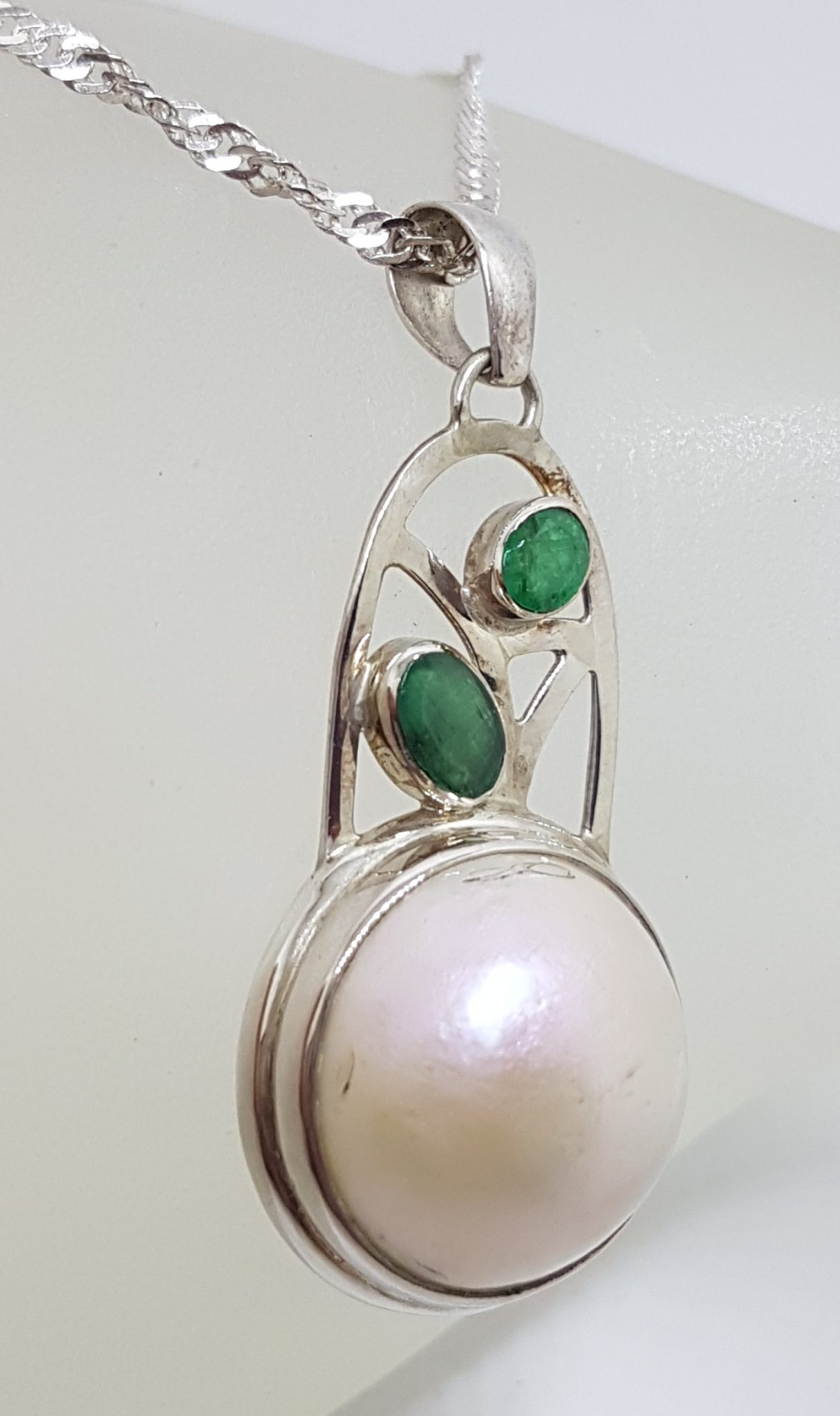 Sterling Silver Ornate Emerald & Mabe Pearl Pendant on Sterling Silver Chain