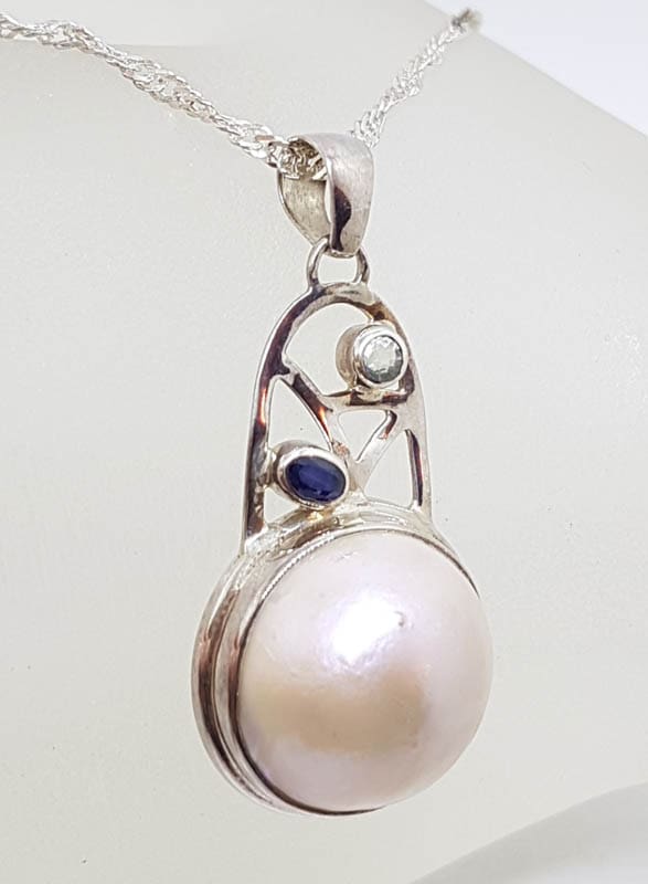 20201027_151511 Sterling Silver Mabe Pearl & Sapphire Pendant on Silver Chain