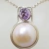 Sterling Silver Round Mabe Pearl with Round Faceted Amethyst in Square Setting Pendant on Silver Chain