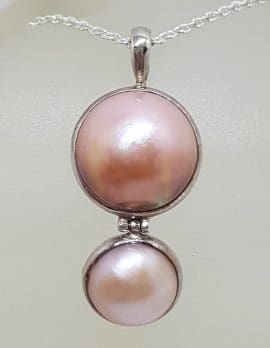 Sterling Silver Two Round Pink Mabe Pearl Pendant on Silver Chain
