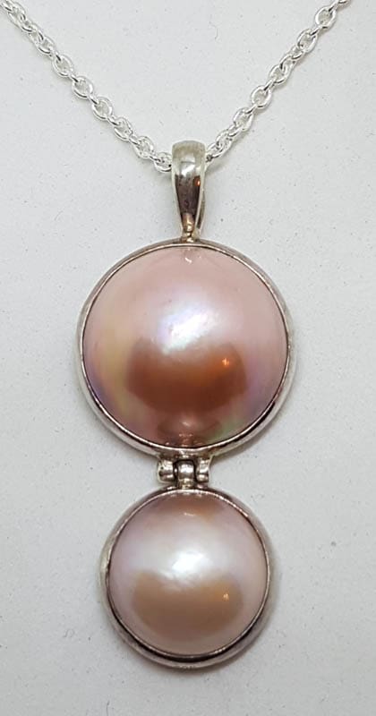 Sterling Silver Two Round Pink Mabe Pearl Pendant on Silver Chain