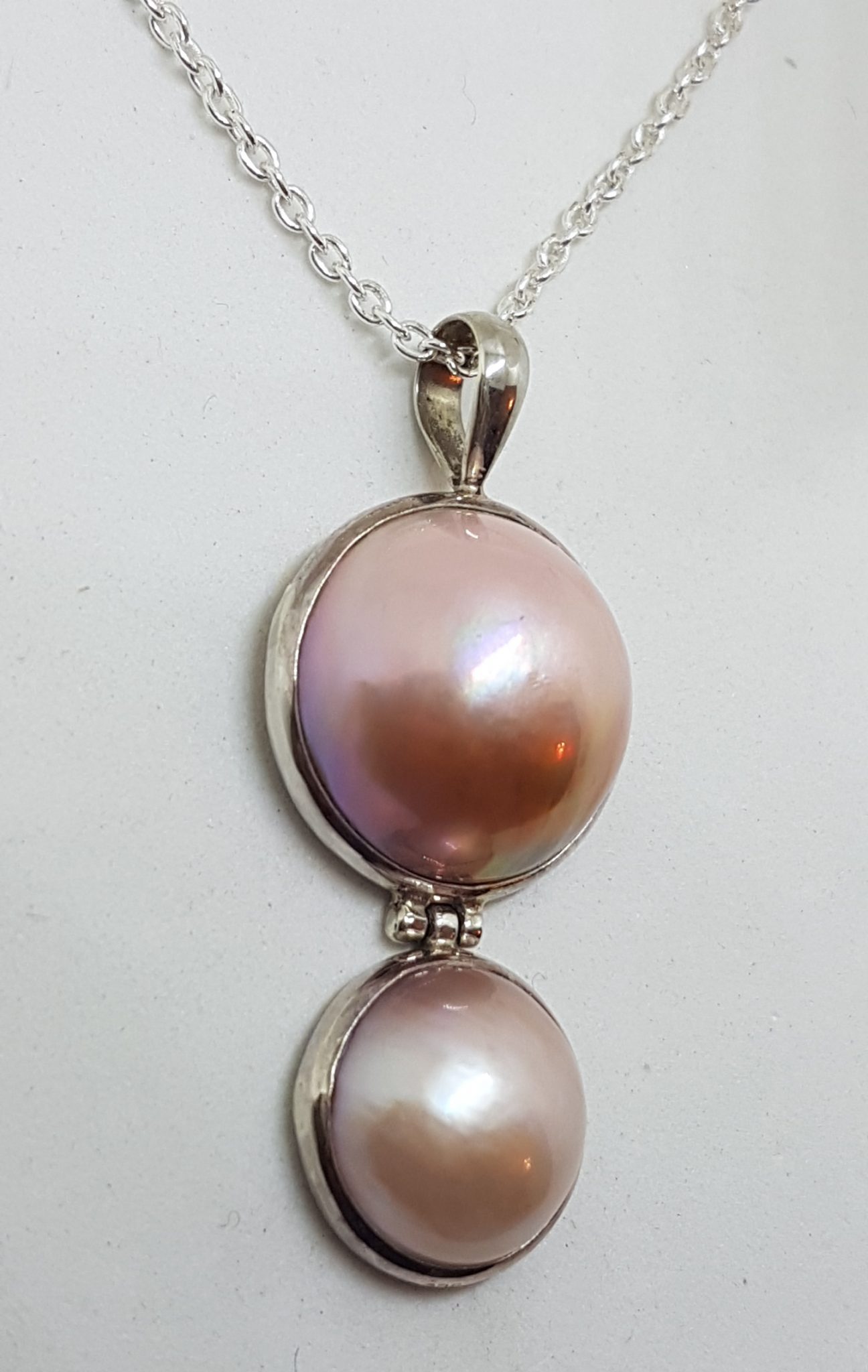 Sterling Silver Two Round Pink Mabe Pearl Pendant on Silver Chain