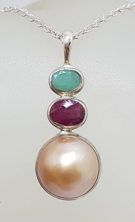 Sterling Silver Round Mabe Pearl with Ruby and Emerald Pendant on Silver Chain