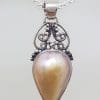 Sterling Silver Teardrop / Pear Shape Mabe Pearl Ornate Filigree Pendant on Silver Chain