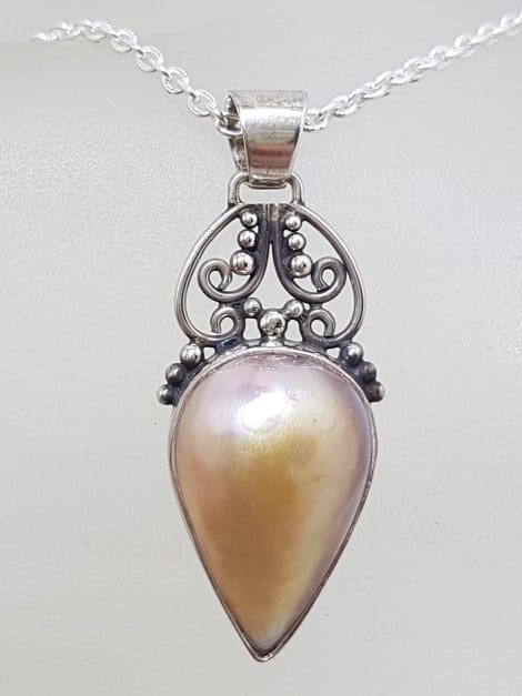 Sterling Silver Teardrop / Pear Shape Mabe Pearl Ornate Filigree Pendant on Silver Chain