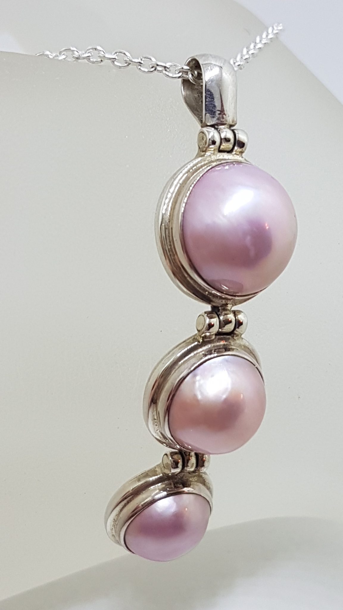 20201027_151931 Sterling Silver Round Pink Mabe Pearl Long Three Drop Pendant on Silver Chain