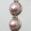 Sterling Silver Round Pink Mabe Pearl Long Three Drop Pendant on Silver Chain