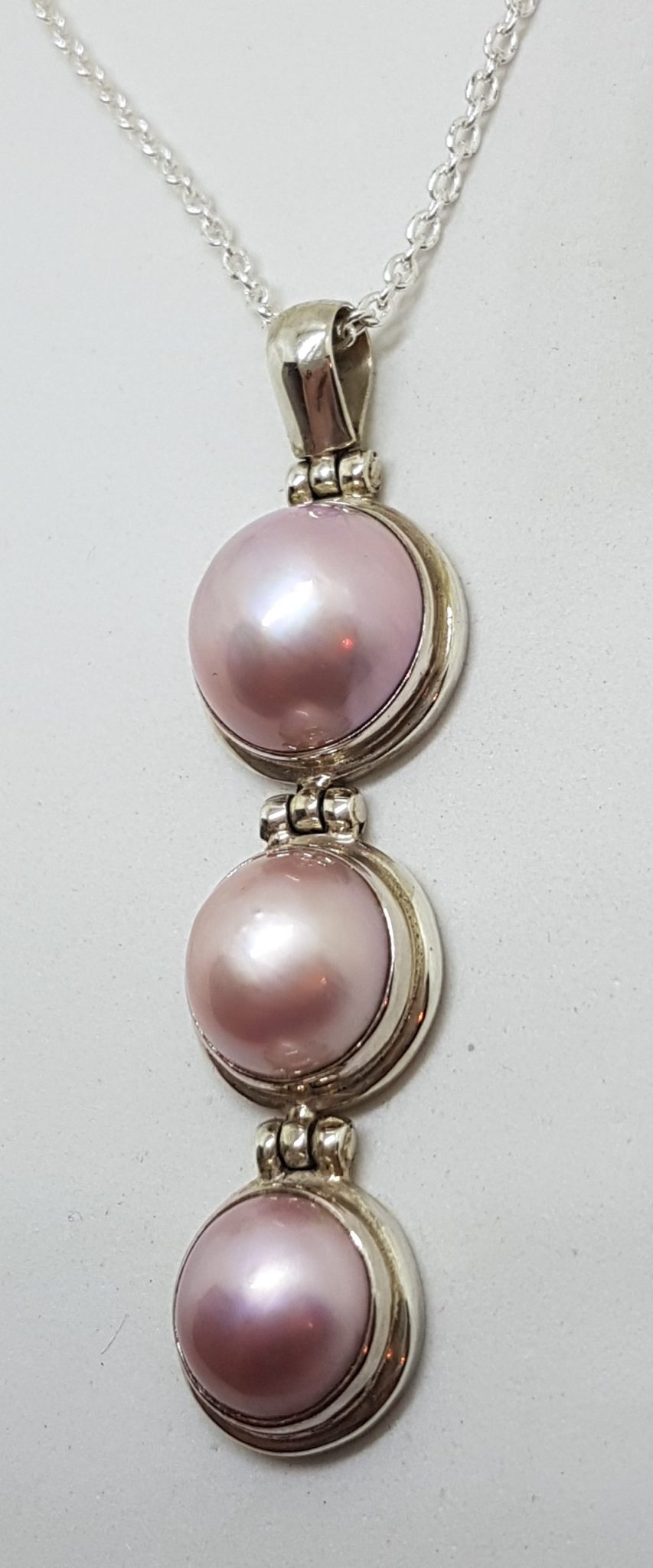 20201027_152007 Sterling Silver Round Pink Mabe Pearl Long Three Drop Pendant on Silver Chain