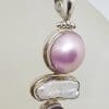 Sterling Silver Round Pink Mabe Pearl with Blister Pearl and Amethyst Pendant on Silver Chain