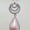 Sterling Silver Teardrop / Pear Shape Pink Mabe Pearl Long on Circle Drop Pendant on Silver Chain