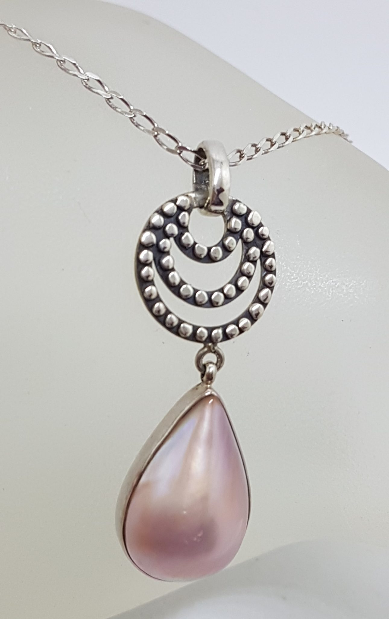 20201027_152217 Sterling Silver Teardrop / Pear Shape Pink Mabe Pearl Long on Circle Drop Pendant on Silver Chain