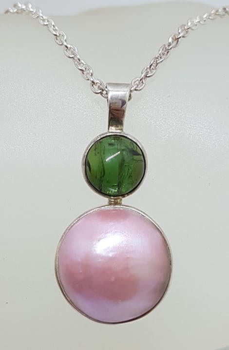 Sterling Silver Round Pink Mabe Pearl with Green Tourmaline Pendant on Silver Chain