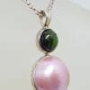 Sterling Silver Round Pink Mabe Pearl with Green Tourmaline Pendant on Silver Chain