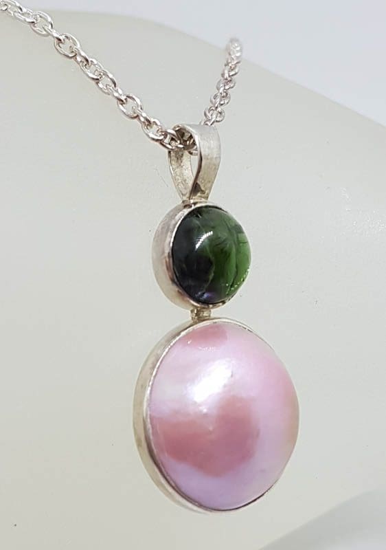 Sterling Silver Round Pink Mabe Pearl with Green Tourmaline Pendant on Silver Chain