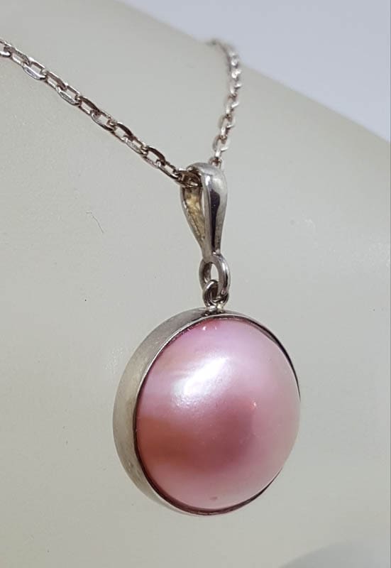 20201027_152324 Sterling Silver Round Pink Mabe Pearl Pendant on Silver Chain