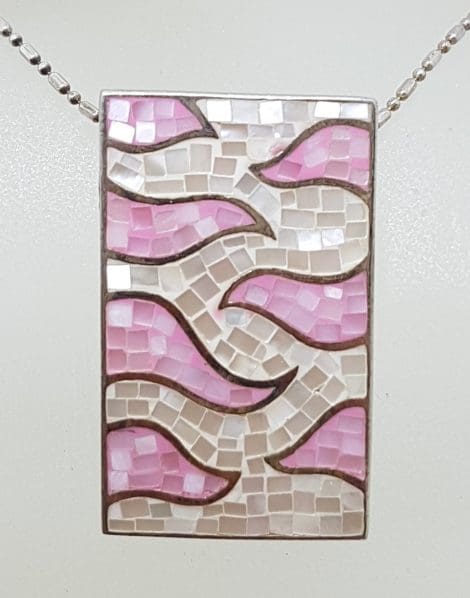 Sterling Silver Pink and White Mother of Pearl Rectangular Patterned Mosaic Pendant on Silver Chain