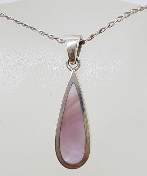 Sterling Silver Pink Mother of Pearl Teardrop / Pear Shape Pendant on Silver Chain