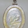 Sterling Silver Large Oval Carved Cameo Mother of Pearl Pendant on Silver Chain