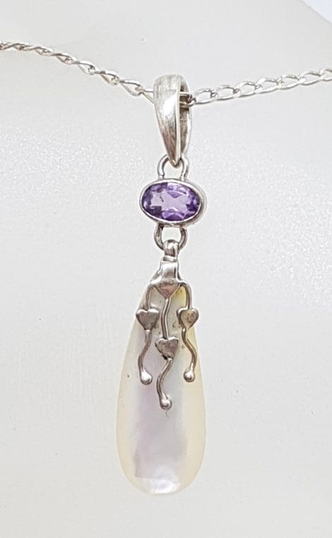Sterling Silver Mother of Pearl Long Teardrop with Oval Amethyst Ornate Pendant on Silver Chain