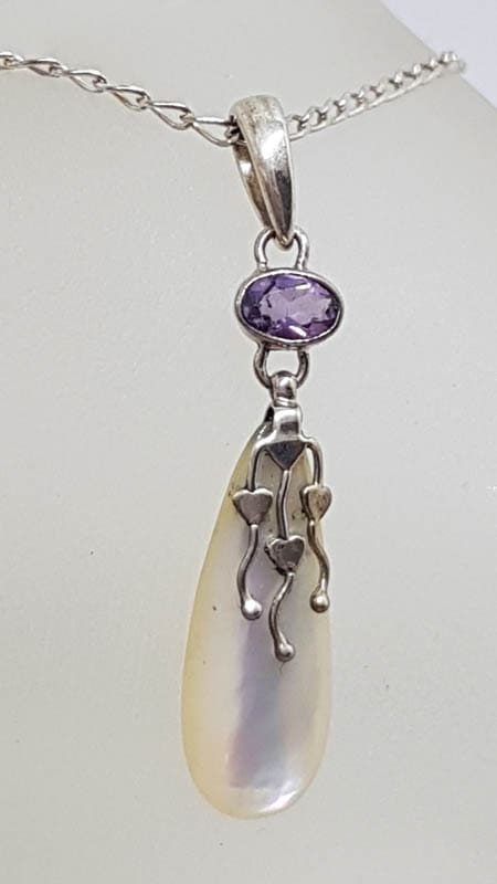 20201027_152617 Sterling Silver Mother of Pearl Long Teardrop with Oval Amethyst Ornate Pendant on Silver Chain