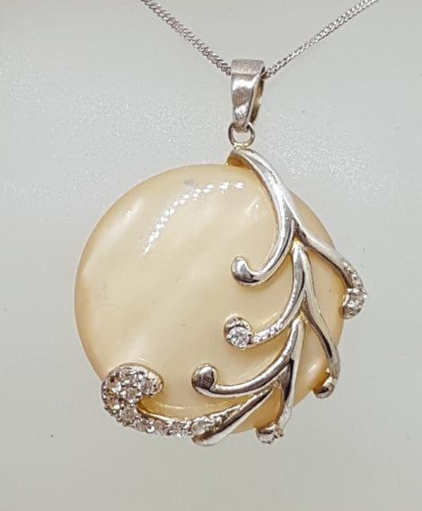 Sterling Silver Mother of Pearl with Cubic Zirconia Large Ornate Round Pendant on Silver Chain