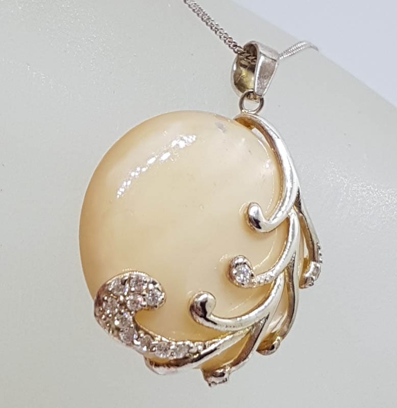20201027_152718 Sterling Silver Mother of Pearl with Cubic Zirconia Large Ornate Round Pendant on Silver Chain