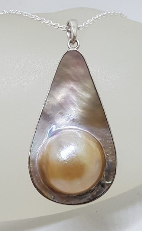 Sterling Silver Large Teardrop / Pear Shape Mabe Pearl Pendant on Silver Chain