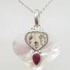 Sterling Silver Ruby and Mother of Pearl Heart / Teardrop / Pear Shape Pendant on Chain