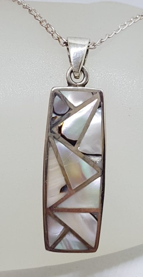 Sterling Silver Mother of Pearl Rectangular Mosaic Pendant on Silver Chain