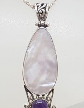 Sterling Silver Long Mother of Pearl with Cabochon Cut Amethyst Pendant on Silver Chain
