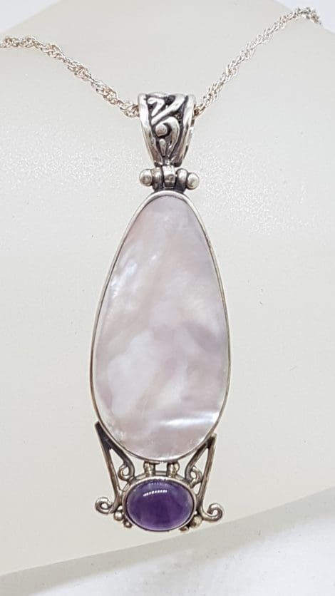 Sterling Silver Long Mother of Pearl with Cabochon Cut Amethyst Pendant on Silver Chain