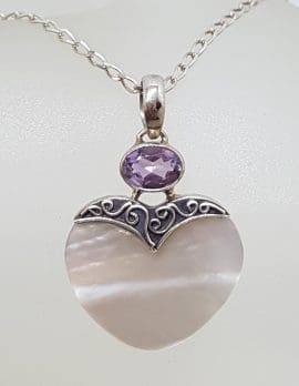 Sterling Silver Mother of Pearl Heart with Oval Amethyst Ornate Pendant on Silver Chain