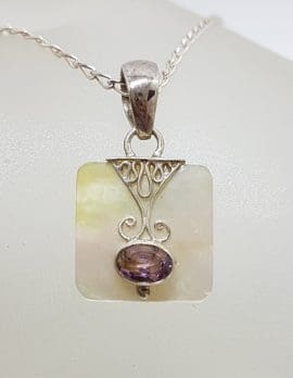 Sterling Silver Mother of Pearl Square with Oval Amethyst Ornate Pendant on Silver Chain