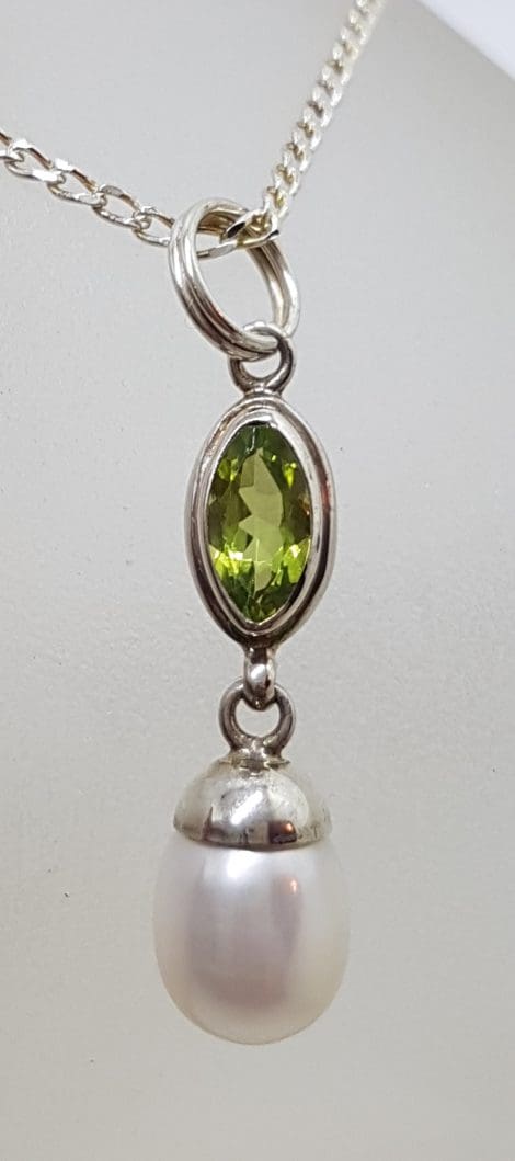 Sterling Silver Pearl with Peridot Drop Pendant on Silver Chain