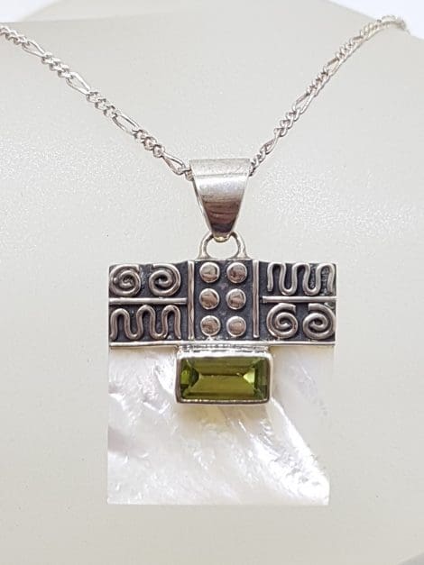 Sterling Silver Ornate Top Square Mother of Pearl with Rectangular Peridot Pendant on Silver Chain