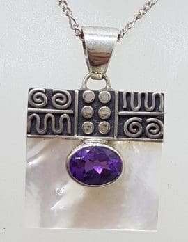 Sterling Silver Ornate Top Square Mother of Pearl with Oval Amethyst Pendant on Silver Chain